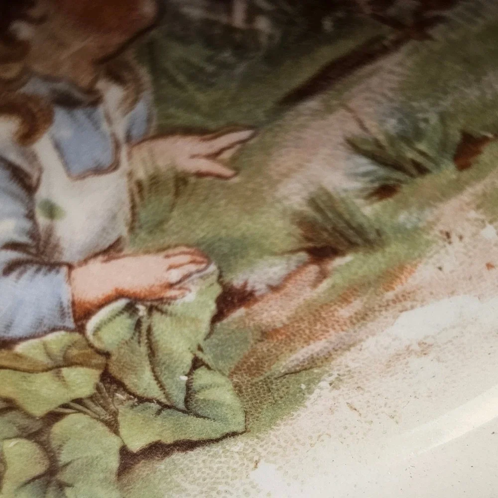 Vintage Porcelain Children and Chicks Collector Plate Green Scalloped Rim 6 Inch